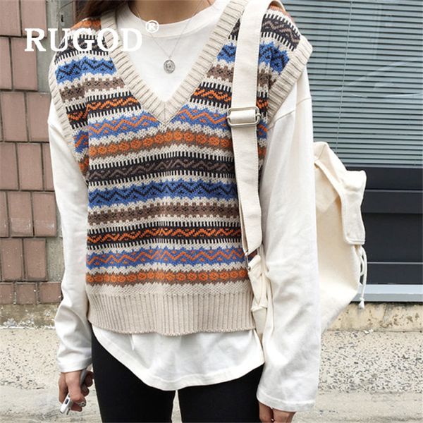 

rugod 2019 new autumn warm striped vest women's sleeveless jacket v neck loose vinatge england style coat gilet fashion femme, Black;white