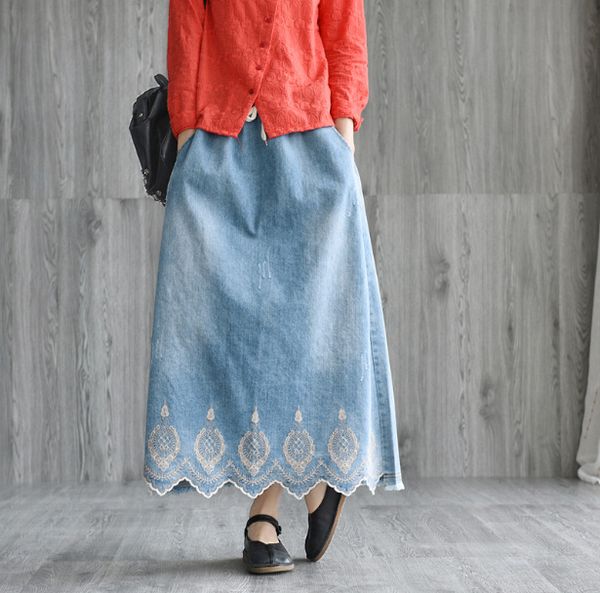 

2019 new spring summer woman vintage denim long skirt embroidered loose fringed mid-calf maxi skirt female oversized jeans, Black