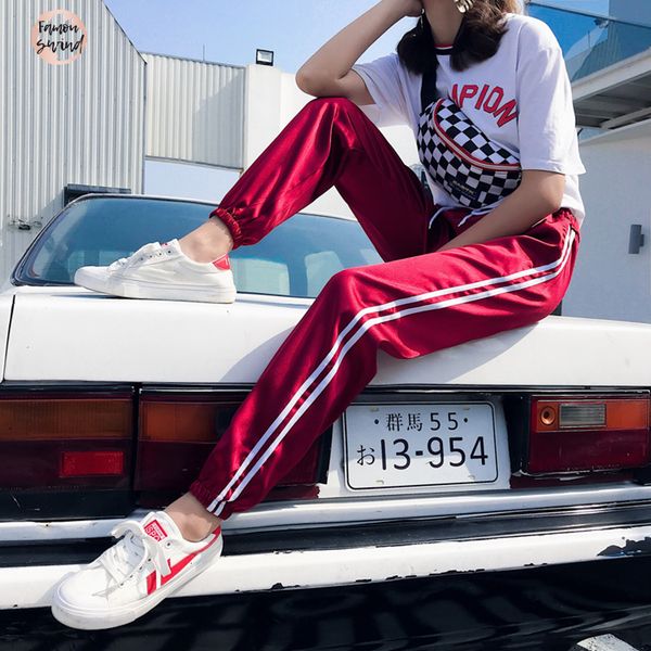 

harajuk мода женщины pant шелковый midweight брюки mid hiphop розовый черный с карманы pant девушки military jogger танец атласные штаны, Black;white