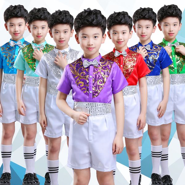 

children's jazz costumes boys dance performance clothes sequins chorus costume for kids festival host clothing 100-170cm dwy2062, Black;red