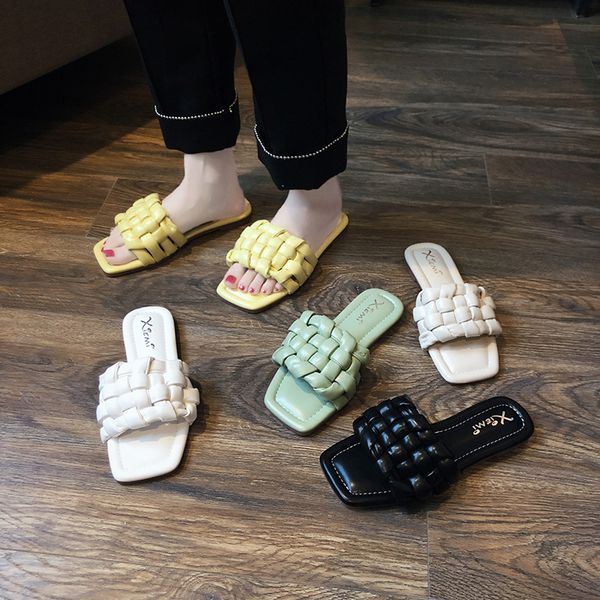 

slippers casual female shoes square toe slides 2020 rubber flat summer cross-tied pu bonded leather slippers casual, Black