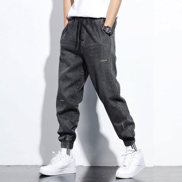 

japanese vintage designer men jeans loose fit black gray denim cargo pants slack bottom fashion streetwear hip hop jeans men, Blue