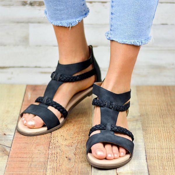 

2019 summer new product explosions sold flat casual shallow sandals retro solid roman style zip shallow mouth women shoes, Black