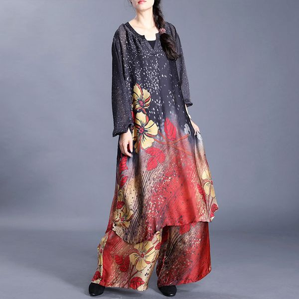 

johnature 2020 весна и лето новый большой размер платья женщины печати цветочные высокое качество из двух частей свободные повседневные мягк, Black;gray