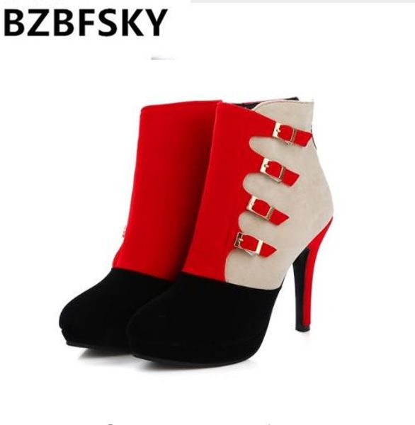 

bzbfsky women ankle boots plus size 34-42 zip high heel pump round toe autumn new fashion woman shoes black blue red