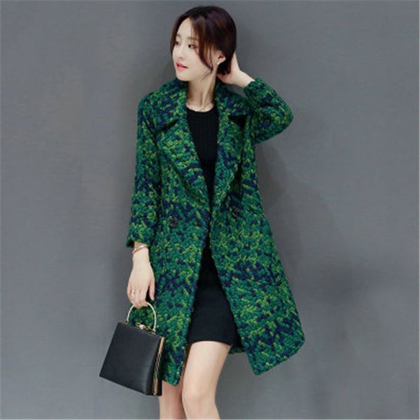 

2019 autumn winter new women's woolen coat fashion lattice double-breasted suit collar nine-point sleeve woolen coat tide, Black