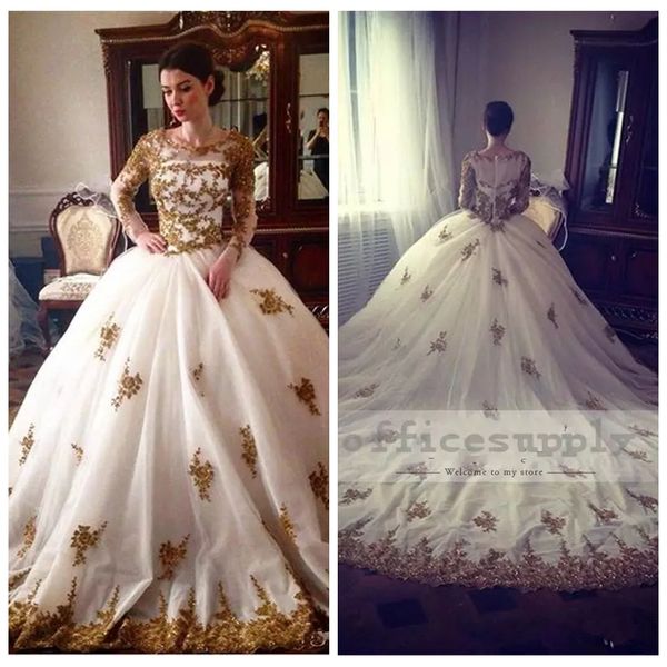 

2019 sheer long sleeves a-line wedding dresses with gold lace appliques bridal gowns customized long vestidos de marriage modest spring, White