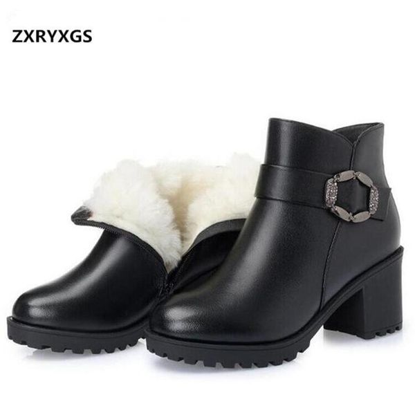 

2019 new winter warm comfortable plush or wool snow boots women ankle boots thick heel real leather shoes woman fashion, Black