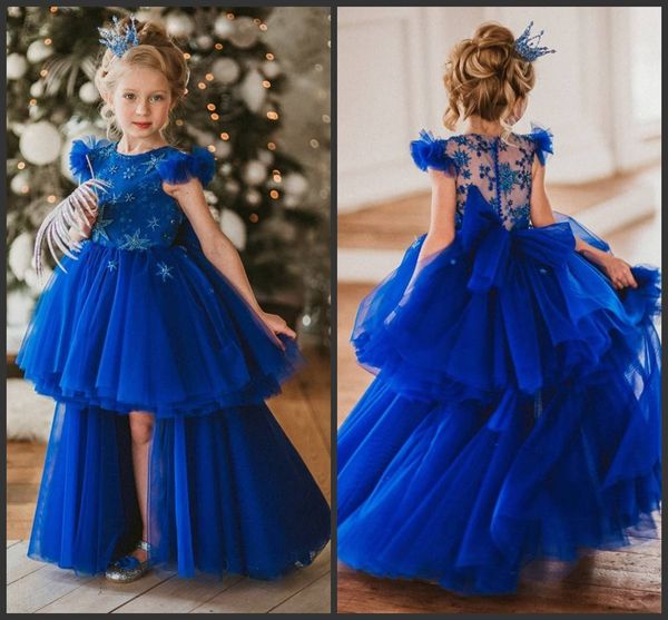 2019 novo azul royal longo tule hi lo princesa flor vestido de menina para o casamento crianças menina primeiro vestidos de aniversário