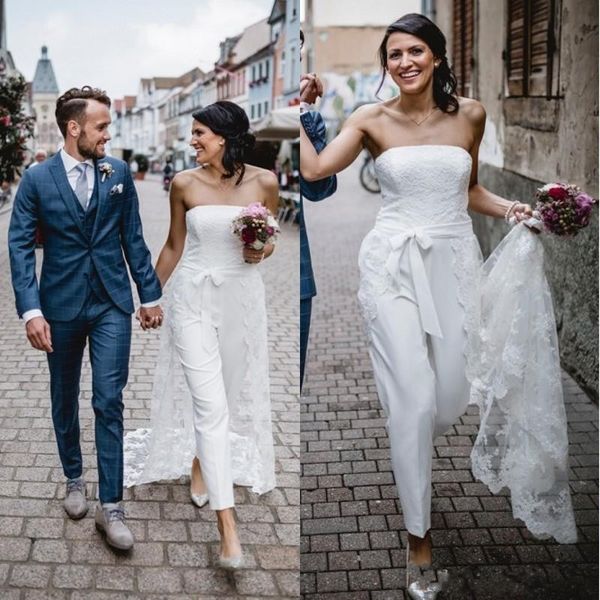 

2020 boho elegant strapless jumpsuit wedding dreses with detachable skirt floor length lace appliqued beach wedding dress