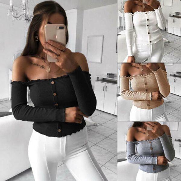 

2019 new women off shoulder button long sleeve shirt sweater t-shirt, White