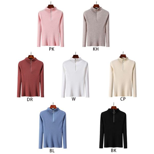

women autumn long sleeve casual zip up turtleneck sweater ribbed knit slim fit solid color casual basic pullover jumper, White;black