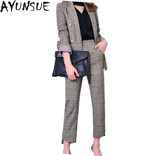 

ayunsue 2017 горячая продажа женщин деловые костюмы полиэстер ретро lattice calça feminina mid long blazer и штаны blazer set cj059, White;black