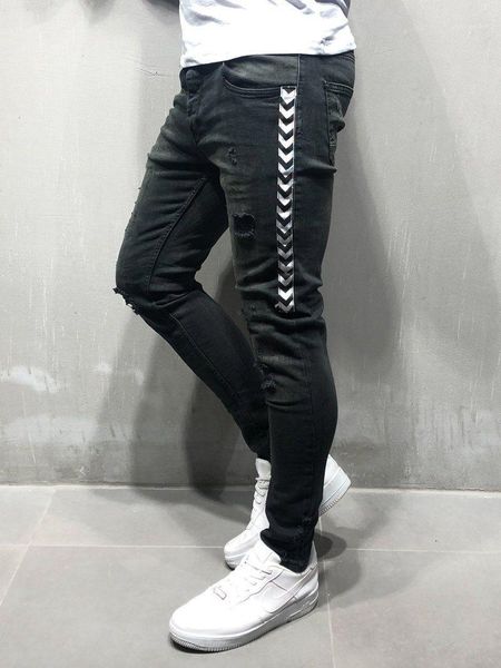 

mens trousers skinny long designer mens jeans fashion hole ribbon panelled slim pencil pants street hiphop, Blue