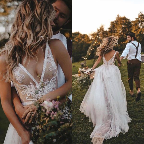 

vestido de noiva lace v neck backless beach wedding dress beading spaghetti straps tulle boho wedding dresses bridal gowns, White