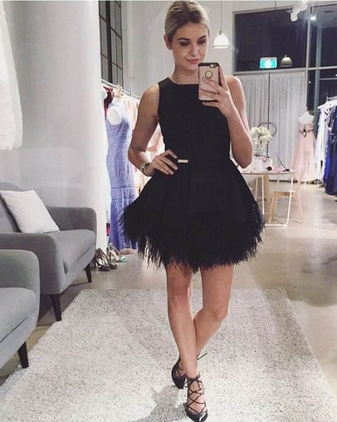 

short black prom dresses feathers party gowns girls a-line tank vestido curto