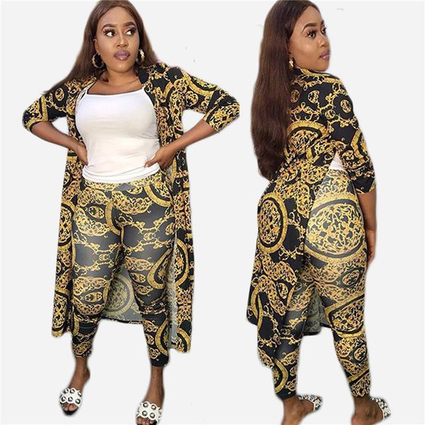 

Spring Womens Designer 2Pcs Pants Fashion Digital Printed Slim Sets Female Casual Panelled Jumpsuits with Cape