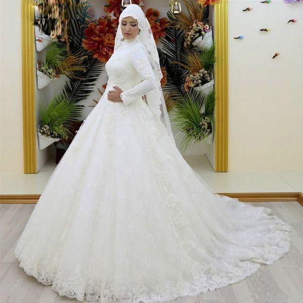 

arabic muslim wedding dresses high neck long sleeve full lace satin ball gown modest design bridal gowns 2020 new dubai wedding, White