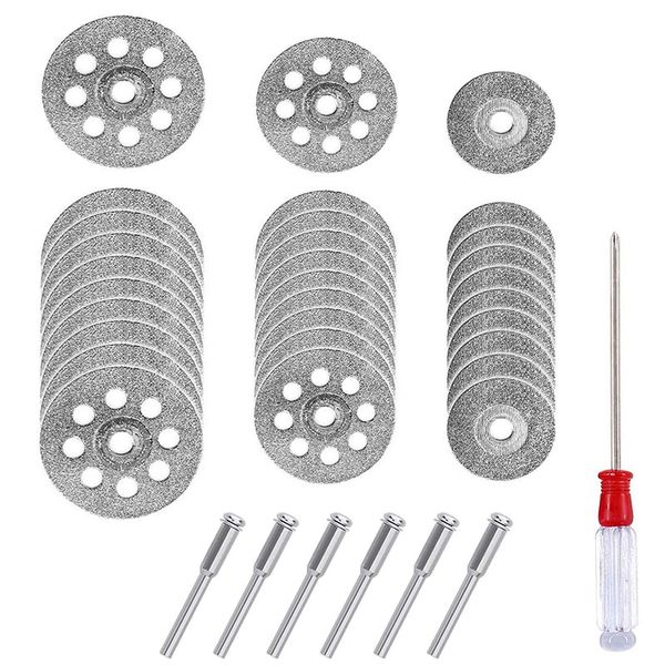 

37pcs diamond cutting wheel (25mm/22mm/18mm), diamond coated cutting wheel and 6pcs m mandrel for dremel rotary tool