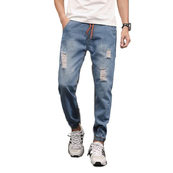 

2019 spring and autumn foreign trade cross border electricity supplier men elastic ankle banded pants with holes men's fat large, Blue