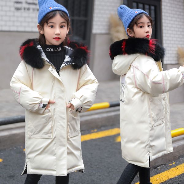 

olekid -30 degrees girls winter jacket cartoon graffiti hooded down jacket for girls 5-16 years children teenage reversible coat, Blue;gray