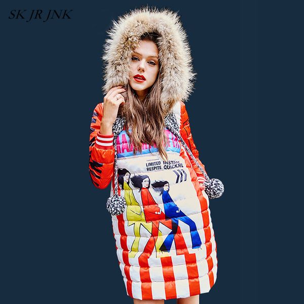 

winter warm knitted fur collar hooded down jacket fashion female cartoon print women windproof white duck down pullovers lw98, Black