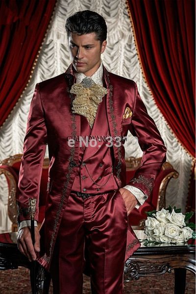 New Fashion Shiny Borgogna Ricamo Smoking dello sposo Colletto alla coreana Abiti da uomo 3 pezzi Prom Wedding Blazer (Giacca + Pantaloni + Gilet) W496