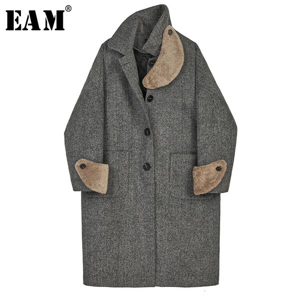 

eam] loose fit gray split cotton-padded big size woolen coat parkas new long sleeve women fashion tide autumn winter 2019 1m091, Black