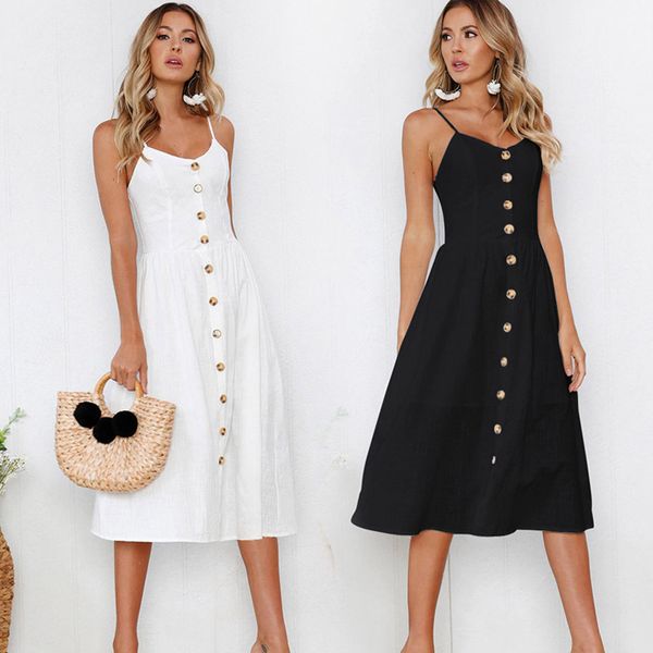 

fashion women sleeveless backelss summer dress black white casual dress strap dresses button midi sundress, Black;gray