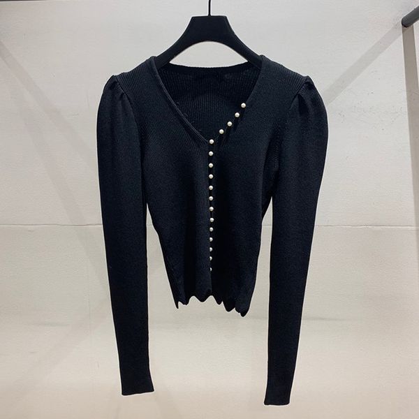 

women sweater french elegance autumn/winter 2019 v-neck stretch pearl button solid color knit cardigan women, White;black