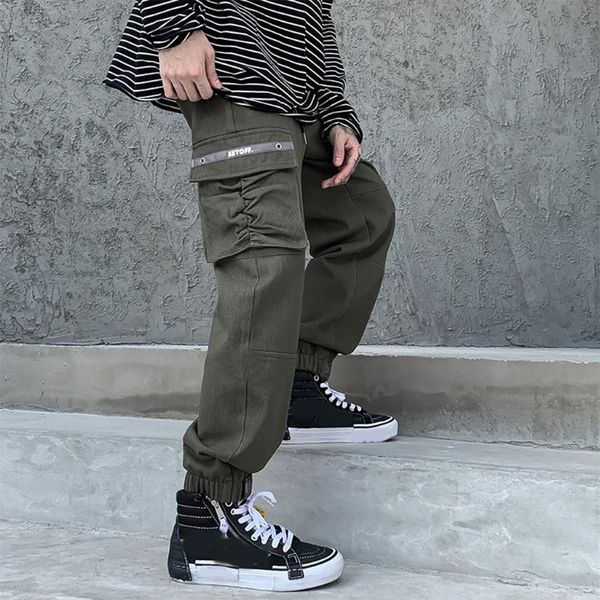 

2020 european and american street men's pants trend solid color men's casual pants stretch cargo large size men, Black