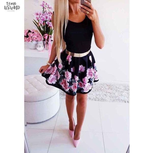 

vestido women summer fashion flower print mini dress ladies round necked rose a line dress vestidos verano 2020 new, Black;gray