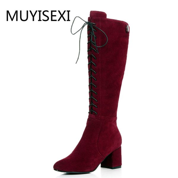 

cow suede high heels british school young lady western boots riding boots genuine leather fld07 muyisexi, Black