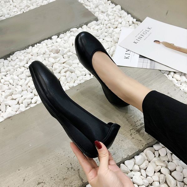 

women genuine leather cowhide flats work shoes casual black ladies female air hostess bank l crew 3cm chunky block 5cm high heel shoes