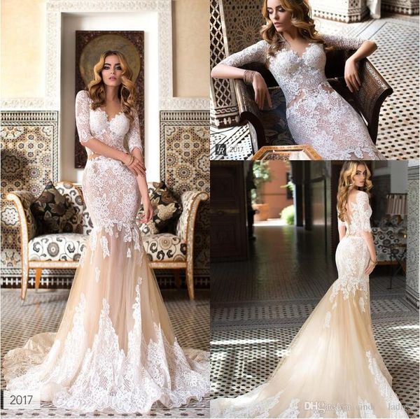 

лоренцо росси шампанское ню свадебные платья v шеи полный кружева аппликации половина рукава свадебные платья развертки поезд русалка свадеб, White