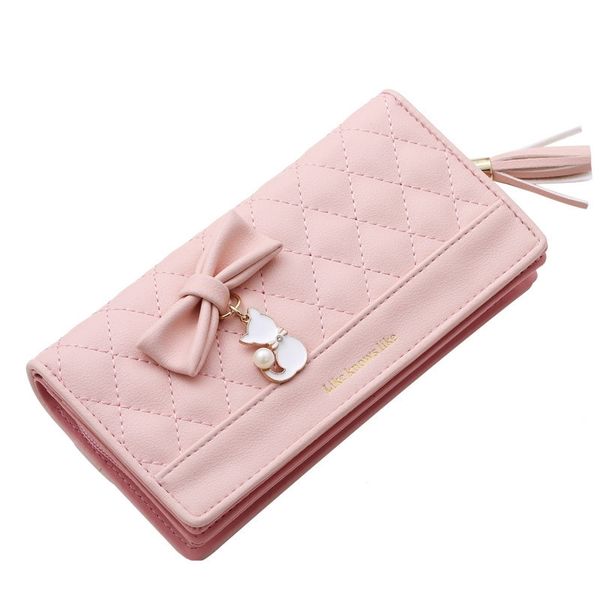 

2019 new korean fashion sweet bow knot tassel zipper clutch bag large capacity women's long section wallet, Red;black