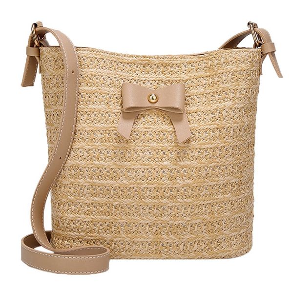 

women summer casual shoulder bow straw woven bucket crossbody bag