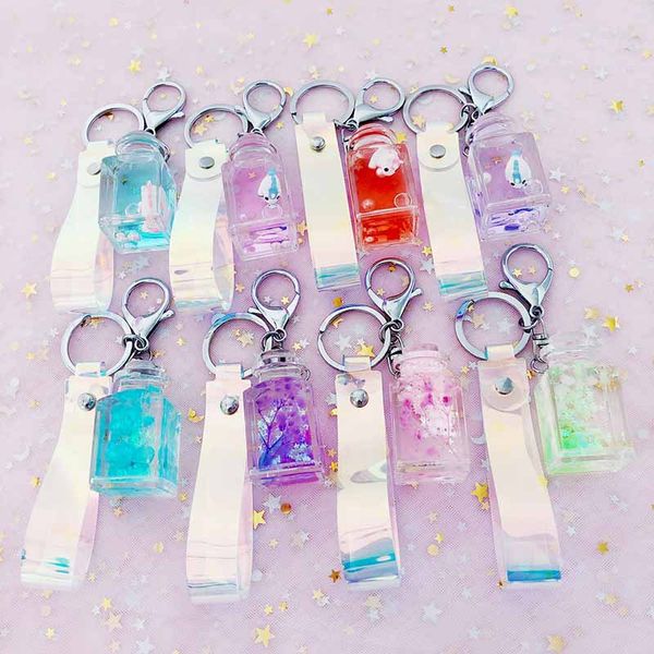

fashion dried flower unicorn milk acrylic keychain moving liquid oil keyring decompression key chain drift bottle gift, Silver