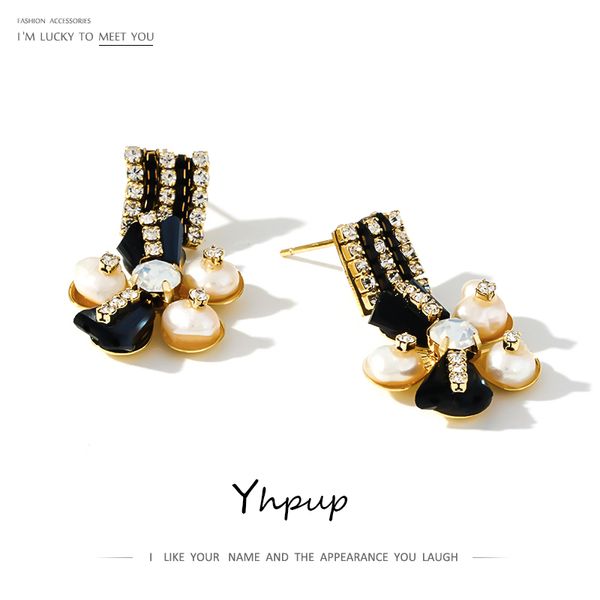 

yhpup elegant rhinestone flower dangle earrings natural pearls bridal jewelry for women wedding party s925 post brincos, Silver