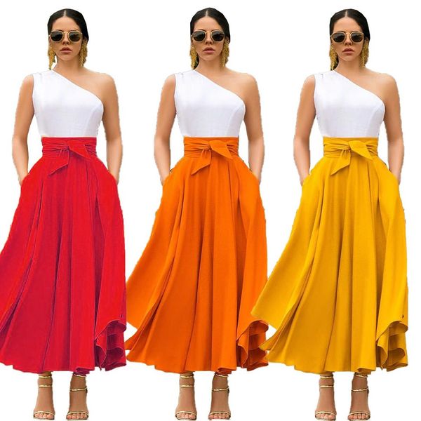 

womens designer bow belt skirts womens fashion asymmetrical long skirts elegant womens casual skirts females clothing, Black