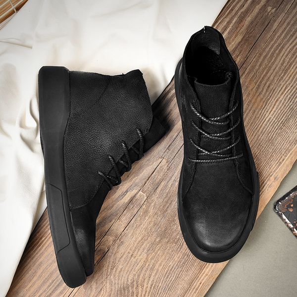 

men boots winter man fur warm snow boots real leather men work shoes footwear rubber ankle shoes size 38-47, Black