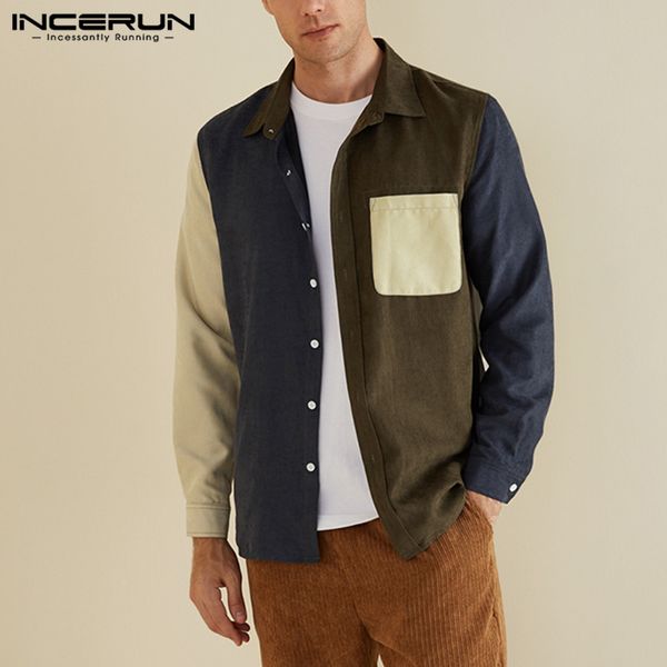 

fashion corduroy men shirt patchwork 2019 long sleeve streetwear pockets brand camisas hombre personality casual chic men shirts, White;black