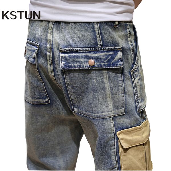 

kstun mens jeans with side pockets cargo jeans stretch denim pants multi-pocket male relaxed joggers oversize size 40 42, Blue