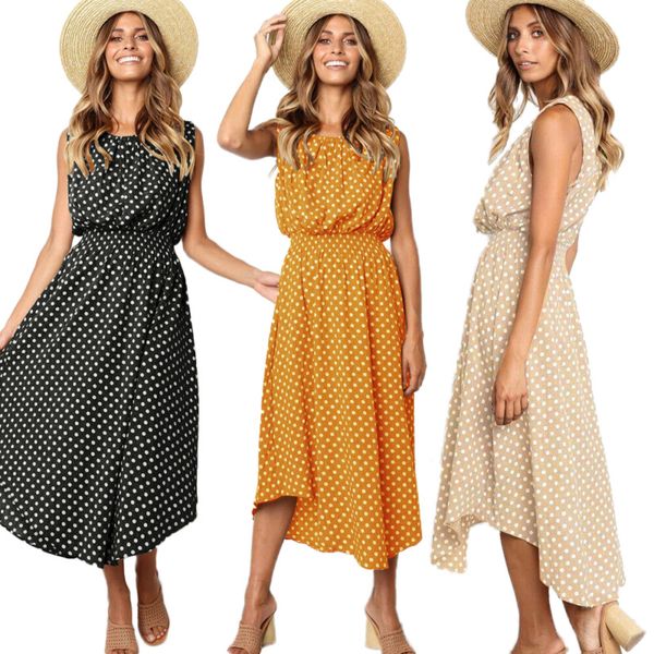 

нам boho женщин леди лето без рукавов dot печати свободные пляж платье макси на бретелях праздника кнопку сарафаны, Black;gray