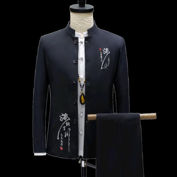 

традиционный китайский стиль осень туника костюм мужская весна осень повседневная стенд воротник вышивка костюмы с брюками 2 шт. офисная оде, White;black