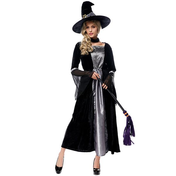 

cosplay halloween carnival purim costume black grey spider web print witch devil magic wizard dress fancy dress party for women, Black;red