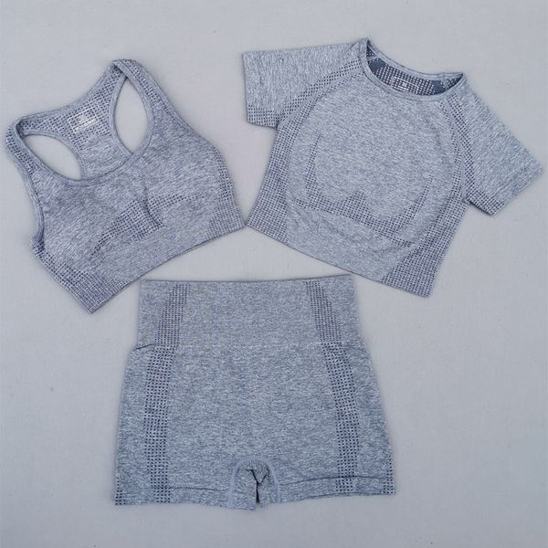 

3pcs vital seamless yoga set women gym workout clothes sports bra+short sleeve fitness crop high waist shorts sports suits