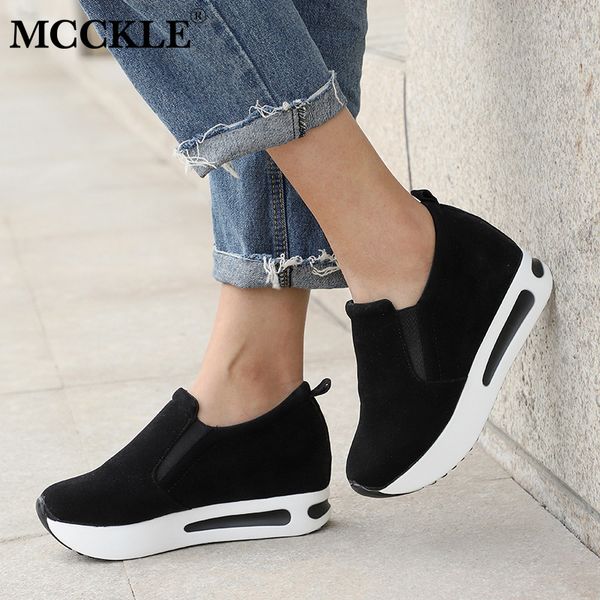 

mcckle women shoes platform creepers female slip on moccasins suede elastic band sewing casual autumn shoe ladies footwear, Black
