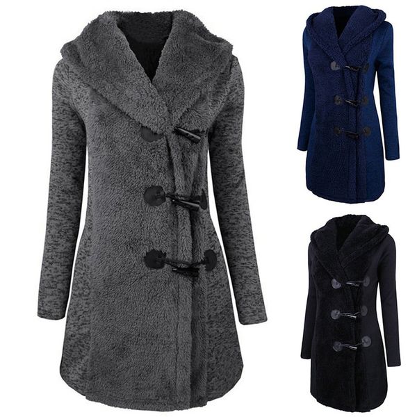 

women fashion winter plus thick warm buttons coat overcoat parka hoodie outwear 45, Black