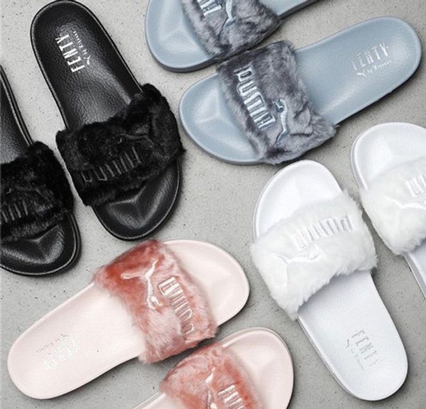 

Leadcat fenty rihanna hoe women lipper indoor andal girl fa hion cuff pink black white grey fur de igner lide high quality